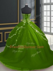 Olive Green Ball Gowns Beading and Appliques Ball Gown Prom Dress Lace Up Tulle Sleeveless With Train