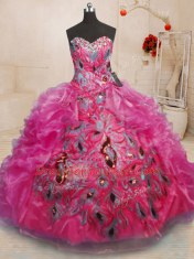 Hot Pink Lace Up Sweet 16 Quinceanera Dress Beading and Appliques and Ruffles Sleeveless Floor Length