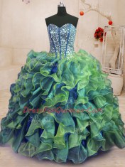 Discount Sleeveless Organza Floor Length Lace Up Sweet 16 Dress in Multi-color with Beading and Ruffles