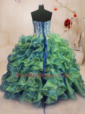 Discount Sleeveless Organza Floor Length Lace Up Sweet 16 Dress in Multi-color with Beading and Ruffles