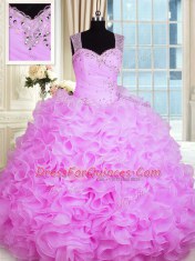 Chic Rose Pink Ball Gowns Sweetheart Sleeveless Organza Floor Length Zipper Beading and Ruffles Ball Gown Prom Dress