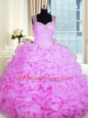 Chic Rose Pink Ball Gowns Sweetheart Sleeveless Organza Floor Length Zipper Beading and Ruffles Ball Gown Prom Dress