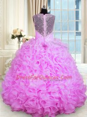 Chic Rose Pink Ball Gowns Sweetheart Sleeveless Organza Floor Length Zipper Beading and Ruffles Ball Gown Prom Dress