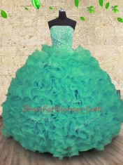 Top Selling Turquoise Organza Lace Up Quinceanera Dress Sleeveless Floor Length Beading and Ruffles