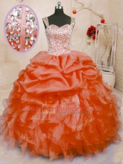 Orange Red Sleeveless Beading and Ruffles and Pick Ups Floor Length 15 Quinceanera Dress