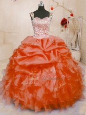 Orange Red Sleeveless Beading and Ruffles and Pick Ups Floor Length 15 Quinceanera Dress