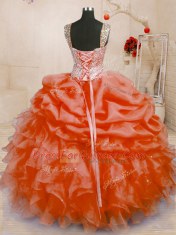 Orange Red Sleeveless Beading and Ruffles and Pick Ups Floor Length 15 Quinceanera Dress