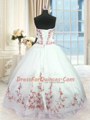On Sale Floor Length Lace Up 15th Birthday Dress White And Red for Military Ball and Sweet 16 and Quinceanera with Embroidery and Sashes ribbons
