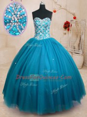 Sumptuous Floor Length Teal Ball Gown Prom Dress Tulle Sleeveless Beading