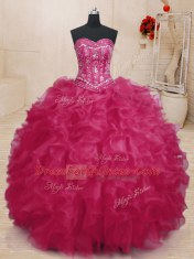 Traditional Floor Length Coral Red 15 Quinceanera Dress Organza Sleeveless Beading and Ruffles