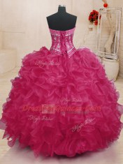 Traditional Floor Length Coral Red 15 Quinceanera Dress Organza Sleeveless Beading and Ruffles