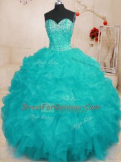 Sexy Aqua Blue Sweetheart Lace Up Beading and Ruffles Quinceanera Dress Sleeveless