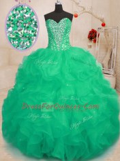 Sleeveless Organza Floor Length Lace Up Sweet 16 Quinceanera Dress in Green with Beading and Ruffles