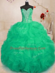 Sleeveless Organza Floor Length Lace Up Sweet 16 Quinceanera Dress in Green with Beading and Ruffles