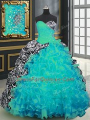 Affordable Sweetheart Sleeveless Brush Train Lace Up Quince Ball Gowns Aqua Blue Organza and Printed