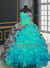Affordable Sweetheart Sleeveless Brush Train Lace Up Quince Ball Gowns Aqua Blue Organza and Printed