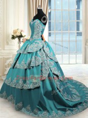 Teal Taffeta Lace Up 15 Quinceanera Dress Sleeveless With Train Beading and Appliques and Ruffled Layers
