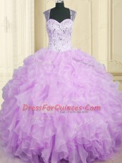 Ball Gowns Sweet 16 Dress Lavender Straps Organza Sleeveless Floor Length Zipper