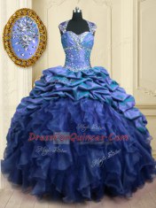 Fashionable Blue Sweetheart Lace Up Beading and Ruffles and Pick Ups Quinceanera Gowns Brush Train Cap Sleeves
