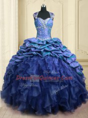 Fashionable Blue Sweetheart Lace Up Beading and Ruffles and Pick Ups Quinceanera Gowns Brush Train Cap Sleeves
