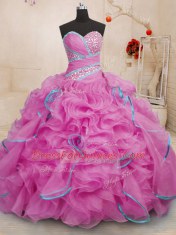 Ideal Rose Pink Ball Gowns Sweetheart Sleeveless Organza With Brush Train Lace Up Beading and Ruffles Ball Gown Prom Dress
