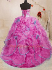 Ideal Rose Pink Ball Gowns Sweetheart Sleeveless Organza With Brush Train Lace Up Beading and Ruffles Ball Gown Prom Dress