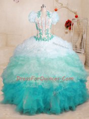 Glorious Multi-color Ball Gowns Beading and Appliques and Ruffles Sweet 16 Dress Lace Up Organza Sleeveless With Train
