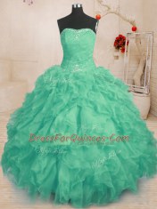 Turquoise Ball Gowns Organza Strapless Sleeveless Beading and Ruffles and Ruching Floor Length Lace Up Quinceanera Gowns