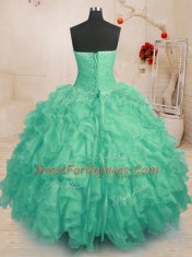 Turquoise Ball Gowns Organza Strapless Sleeveless Beading and Ruffles and Ruching Floor Length Lace Up Quinceanera Gowns