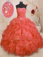 Orange Red Strapless Lace Up Beading and Ruffles and Ruching Sweet 16 Quinceanera Dress Sleeveless