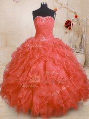 Orange Red Strapless Lace Up Beading and Ruffles and Ruching Sweet 16 Quinceanera Dress Sleeveless