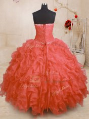 Orange Red Strapless Lace Up Beading and Ruffles and Ruching Sweet 16 Quinceanera Dress Sleeveless