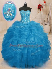 Fabulous Baby Blue Organza Lace Up Quinceanera Dresses Sleeveless Floor Length Beading and Ruffles