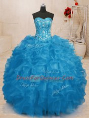 Fabulous Baby Blue Organza Lace Up Quinceanera Dresses Sleeveless Floor Length Beading and Ruffles