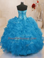 Fabulous Baby Blue Organza Lace Up Quinceanera Dresses Sleeveless Floor Length Beading and Ruffles