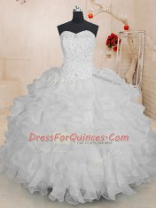 White Sleeveless Floor Length Beading and Ruffles Lace Up Vestidos de Quinceanera