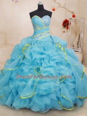 Comfortable Organza Sweetheart Sleeveless Brush Train Lace Up Beading and Ruffles Quince Ball Gowns in Baby Blue