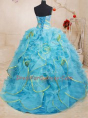 Comfortable Organza Sweetheart Sleeveless Brush Train Lace Up Beading and Ruffles Quince Ball Gowns in Baby Blue