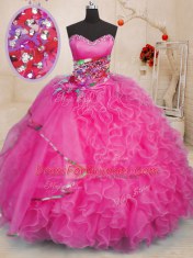Hot Sale Hot Pink Sleeveless Beading and Ruffles Floor Length Sweet 16 Dress