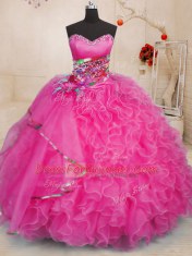 Hot Sale Hot Pink Sleeveless Beading and Ruffles Floor Length Sweet 16 Dress