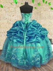 Decent Turquoise Lace Up Strapless Beading and Ruffles Quinceanera Gown Organza and Taffeta Sleeveless