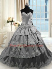 Popular Grey Ball Gowns Taffeta Sweetheart Sleeveless Beading and Appliques and Ruffled Layers With Train Lace Up Quinceanera Dresses Court Train
