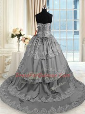 Popular Grey Ball Gowns Taffeta Sweetheart Sleeveless Beading and Appliques and Ruffled Layers With Train Lace Up Quinceanera Dresses Court Train