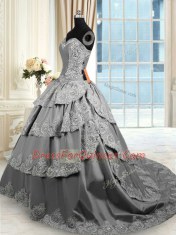 Popular Grey Ball Gowns Taffeta Sweetheart Sleeveless Beading and Appliques and Ruffled Layers With Train Lace Up Quinceanera Dresses Court Train