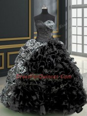 Affordable Black Organza and Printed Lace Up Quince Ball Gowns Sleeveless With Brush Train Beading and Ruffles and Pattern