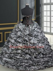 Affordable Black Organza and Printed Lace Up Quince Ball Gowns Sleeveless With Brush Train Beading and Ruffles and Pattern