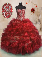 Captivating Sleeveless With Train Beading and Ruffles Lace Up Quinceanera Gowns with Wine Red Sweep Train