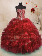 Captivating Sleeveless With Train Beading and Ruffles Lace Up Quinceanera Gowns with Wine Red Sweep Train