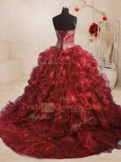 Captivating Sleeveless With Train Beading and Ruffles Lace Up Quinceanera Gowns with Wine Red Sweep Train