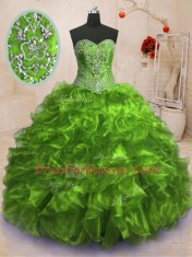Beading and Ruffles Quince Ball Gowns Olive Green Lace Up Sleeveless With Train Sweep Train